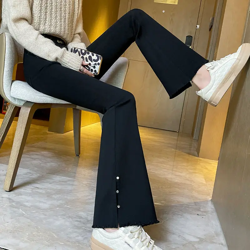 

High Waisted Flared Pants For Women With A 9-inch Slim Fit, Spring And Autumn New Elastic Waist Side Slit Casual Pants