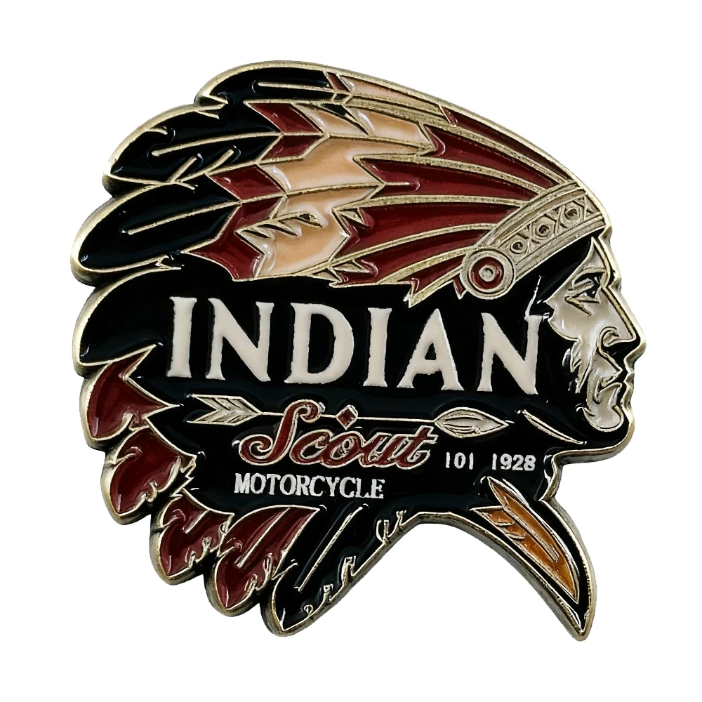 Indian-Scout-101 Logo Emaille-Anstecknadel 1928 Chief-Indians-Abzeichen Vintage Metallbrosche für Reiter, Fans, Liebhaber, Sammlerstücke – Detail 1