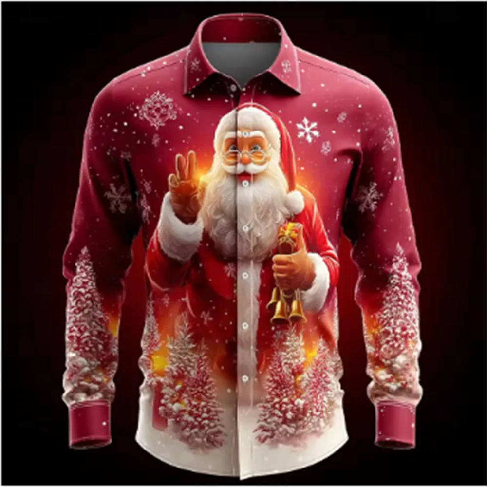 Kerstoverhemden voor heren Kleding Kerstman 3D-print overhemd Knop Lange mouw Vakantie Herfst bedrukt reversoverhemd Herenkleding