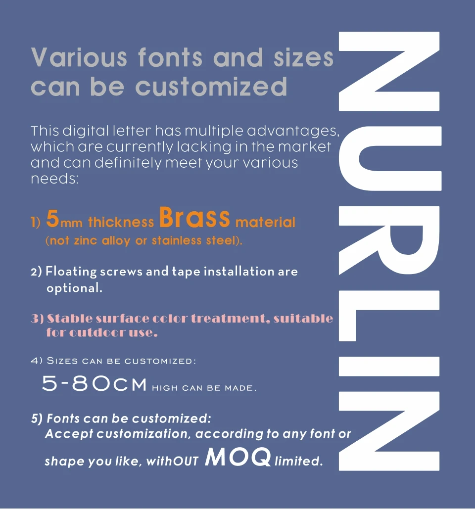 Nurlin Solid Brass Hammered Antique Brass 4-12 Inches 10-30cm Big Number Letter Door House Public Floating Signature