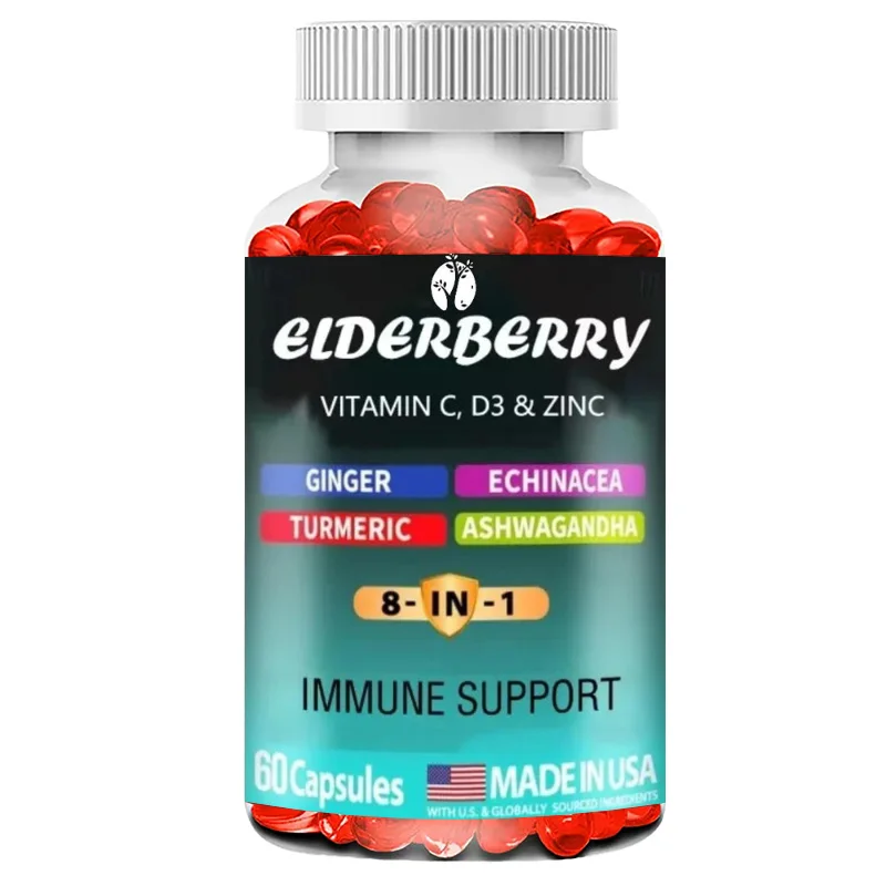 Elderberry Immune Support Supplement 8-in-1 Formula, Containing Echinacea, Vitamin C, Zinc, Turmeric, Ginger -60 Capsule