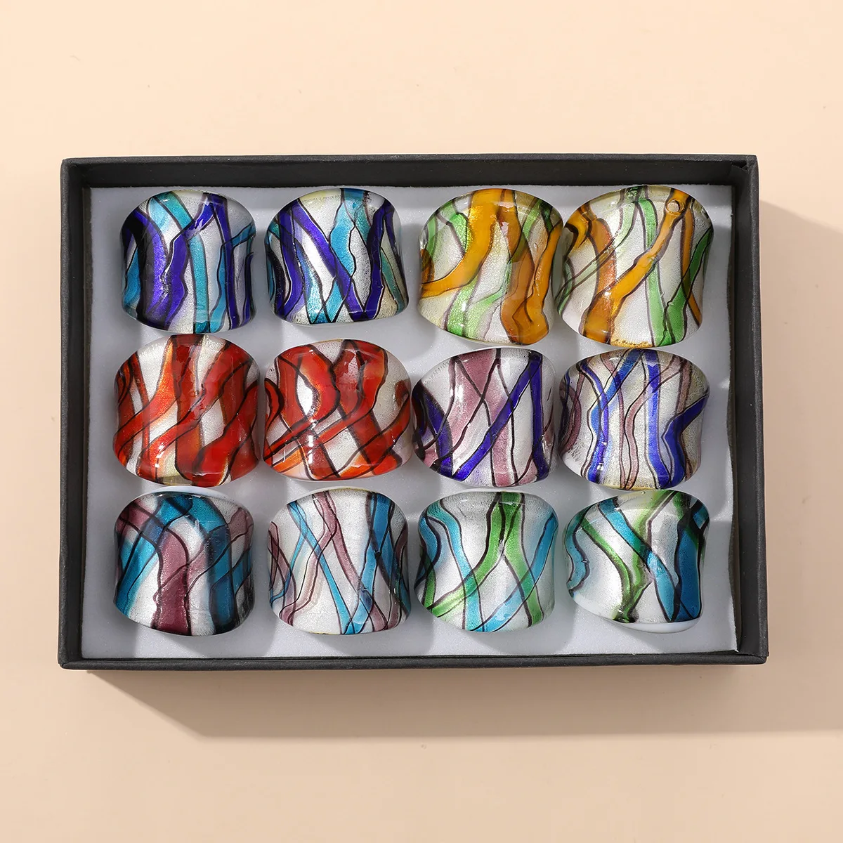 New Handmade Vintage For Women Murano Glass Colorful Lines Finger Rings Fashion Jewelry