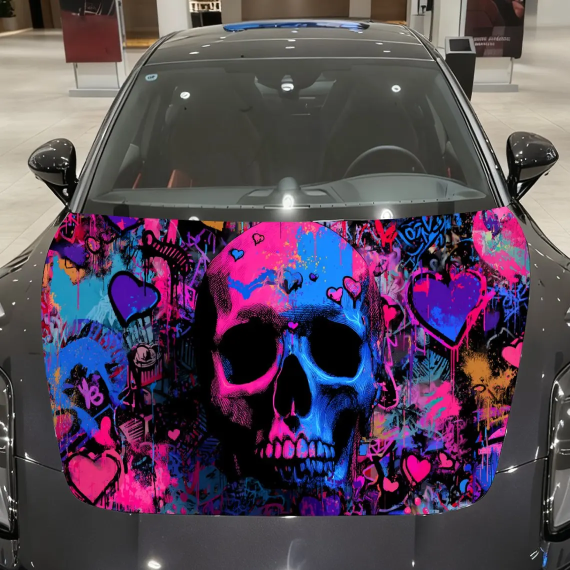 

Colorful Graffiti Skull Car Vinyl Wrap, PVC Material Waterproof Car Hood Sticker, Self-Adhesive Scratch-Resistant Stickers for E