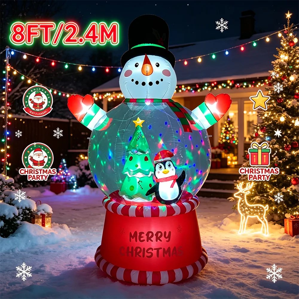 8FT Christmas Inflatable Model Snowman Snow Globe  Built-in LED Rotating Lights Holiday Party Decor for Outdoor Yard Garden