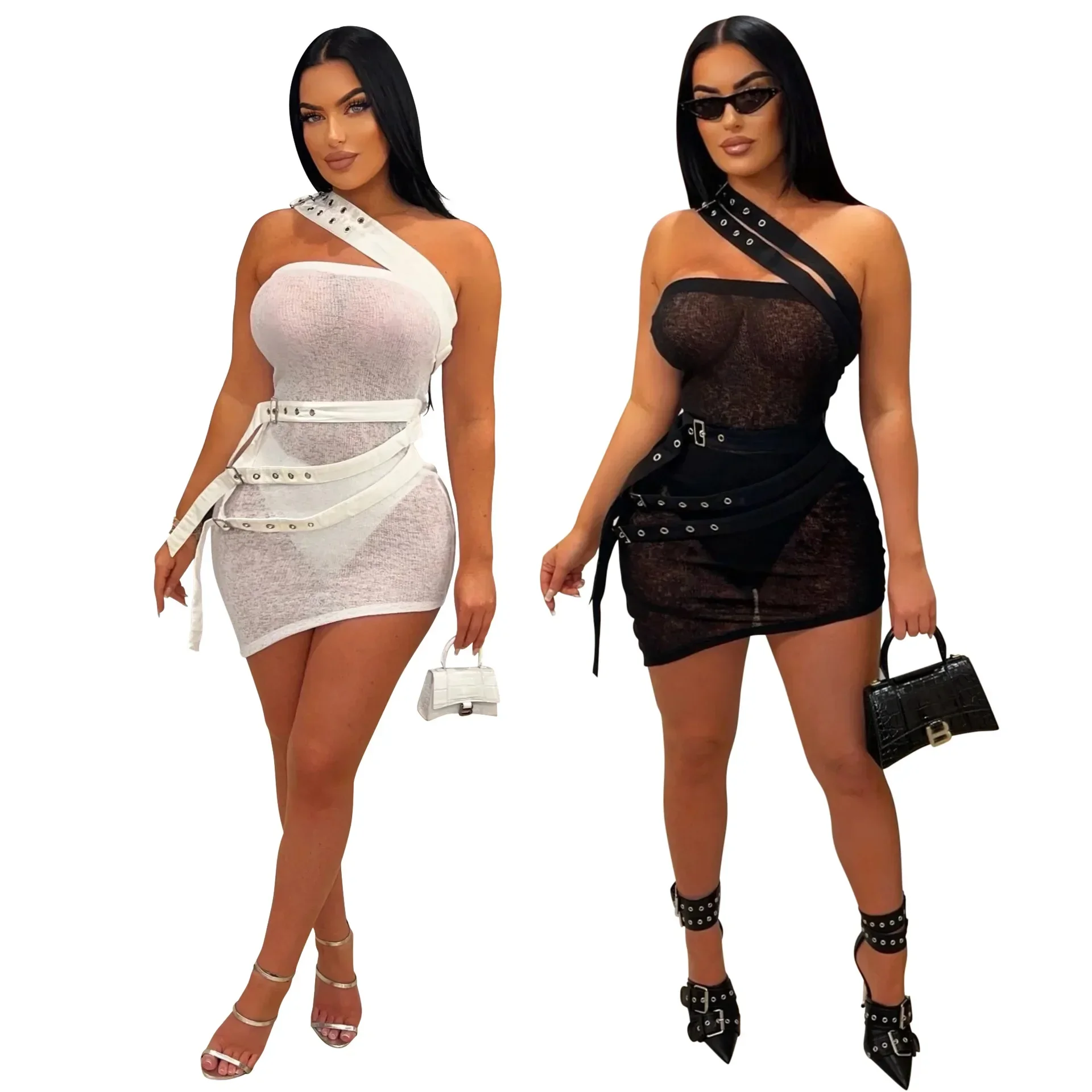 

Women Sleeveless Strapless Knitted See Through Dress Summer Mult Belt Skew collar Sexy Party Club Evening Mini Dresses