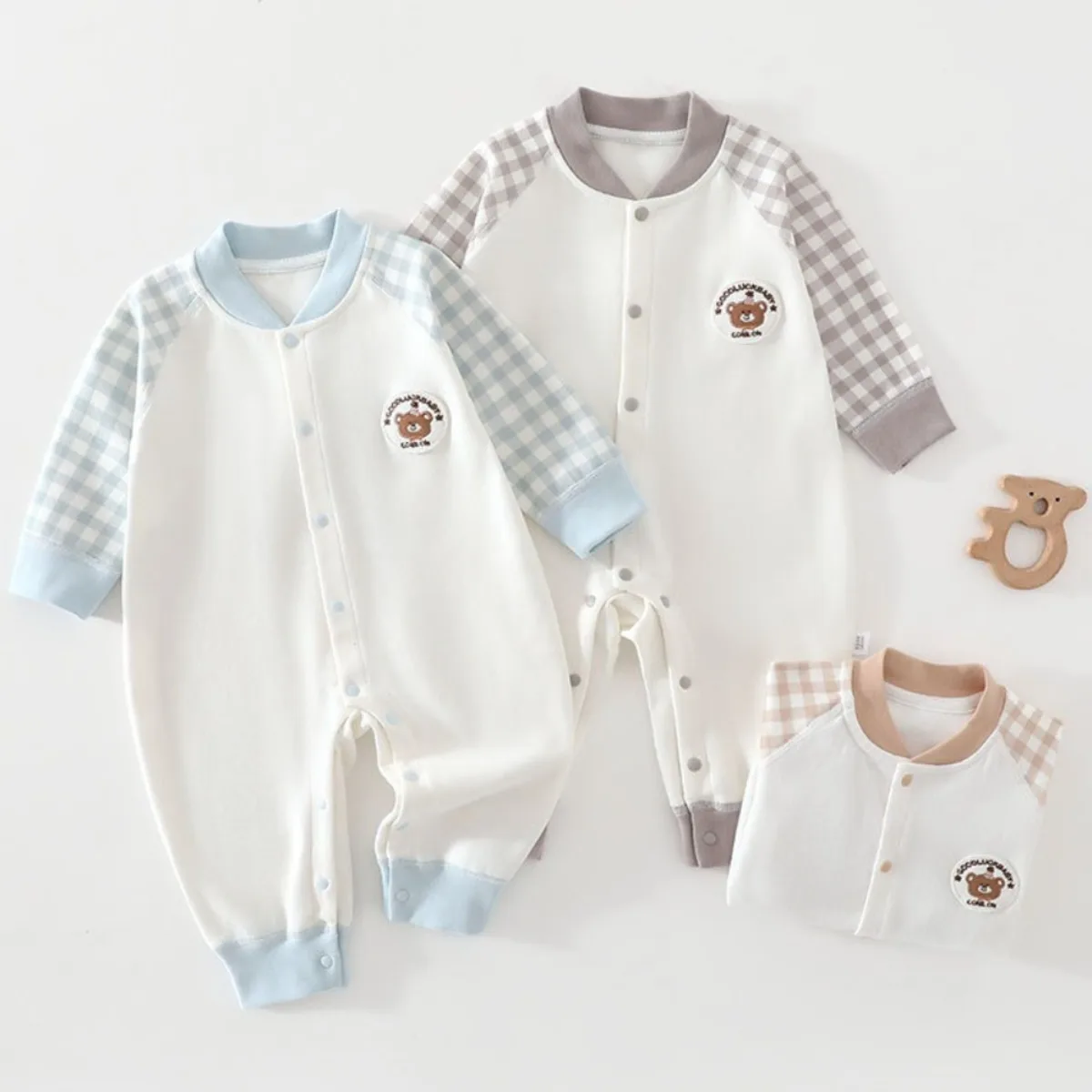 Soft Cotton Baby Romper Long Sleeve Newborn Onesie with Bear Patch Snap Closure Infant Clothes Unisex 0-18M Spring Autumn