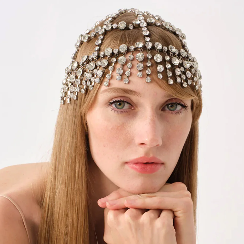 Vintage Hollow Mesh Tassel Cap Headpiece Women Hair Accessories Bohemian Black Rhinestone Head Chain Hat Dance Perform Jewelry