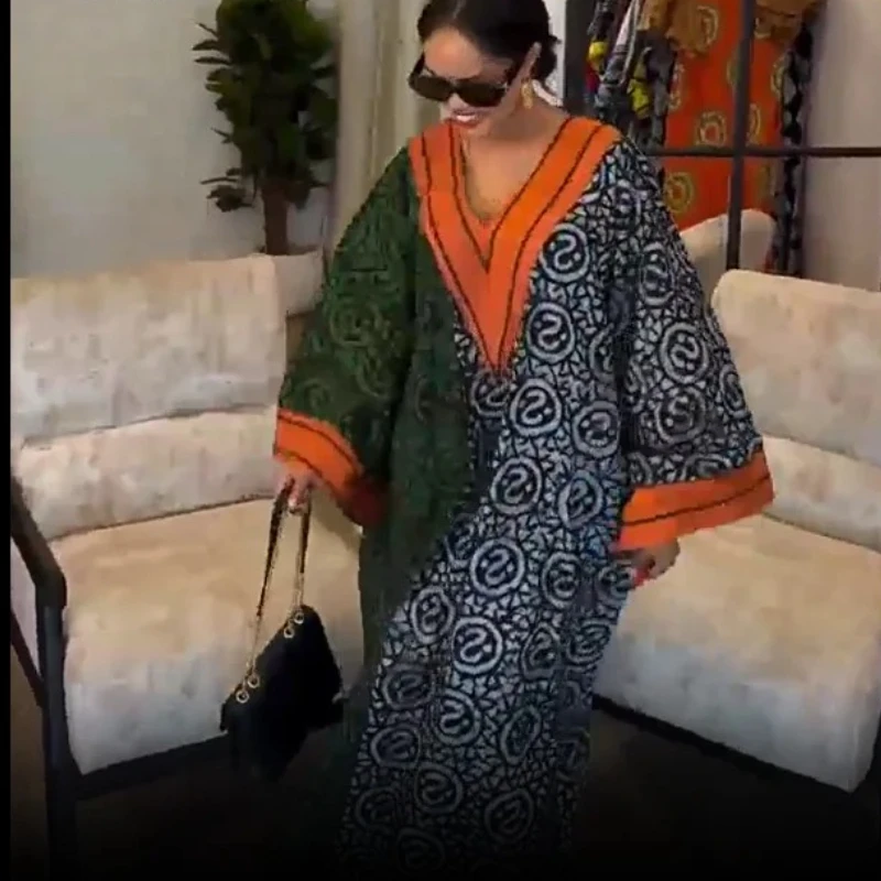 

Elelgant V-Neck Simple Loose Dress Women 2025 Spring Summer Holiday Printing Patchwork Maxi Dress Casual