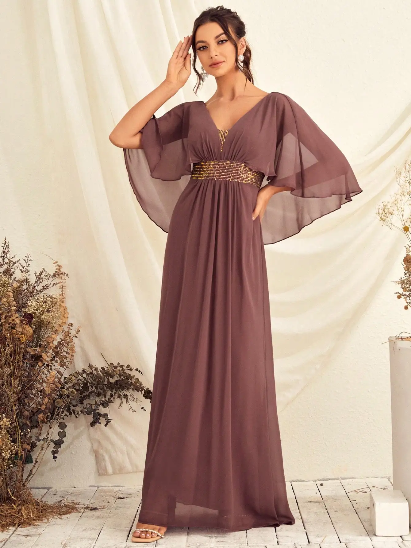 Unithorse Contrast Sequin Butterfly Sleeve Chiffon Bridesmaid Dress