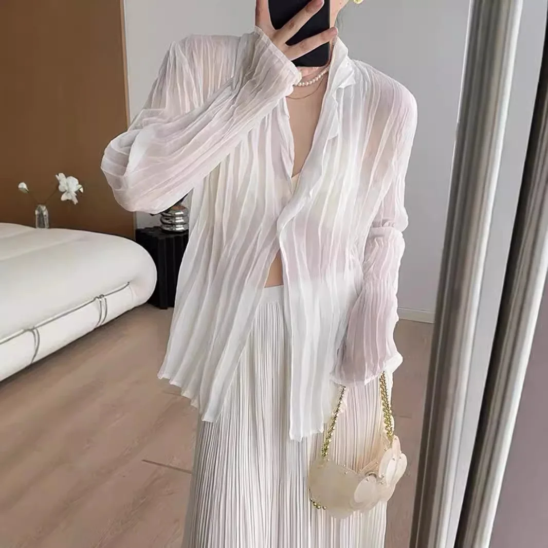 Miyake Single Button Design Cardigan Shirts for Women 2025 New Summer Lightweight Long Sleeve Sunscreen Clothing Chic view 3