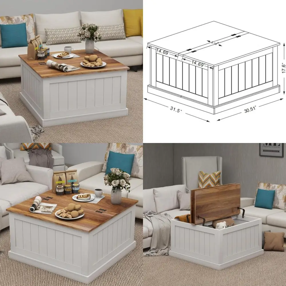 

Rustic Square Coffee Table with Hinged Lift Top and Large Hidden Storage for Farmhouse Style Living