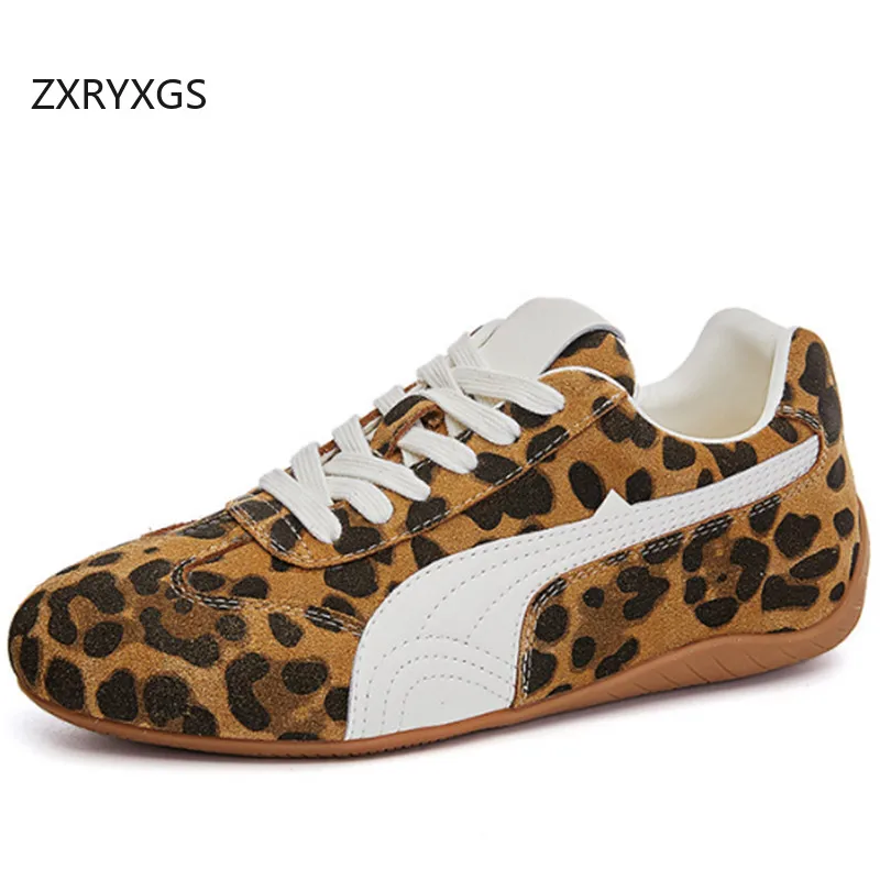 ZXRYXGS Frosted Cowhide Spell Color Splicing Women Leather Sneakers Flat Shoes 2025 Lace-up Women Trendy Sneakers Casual Shoes