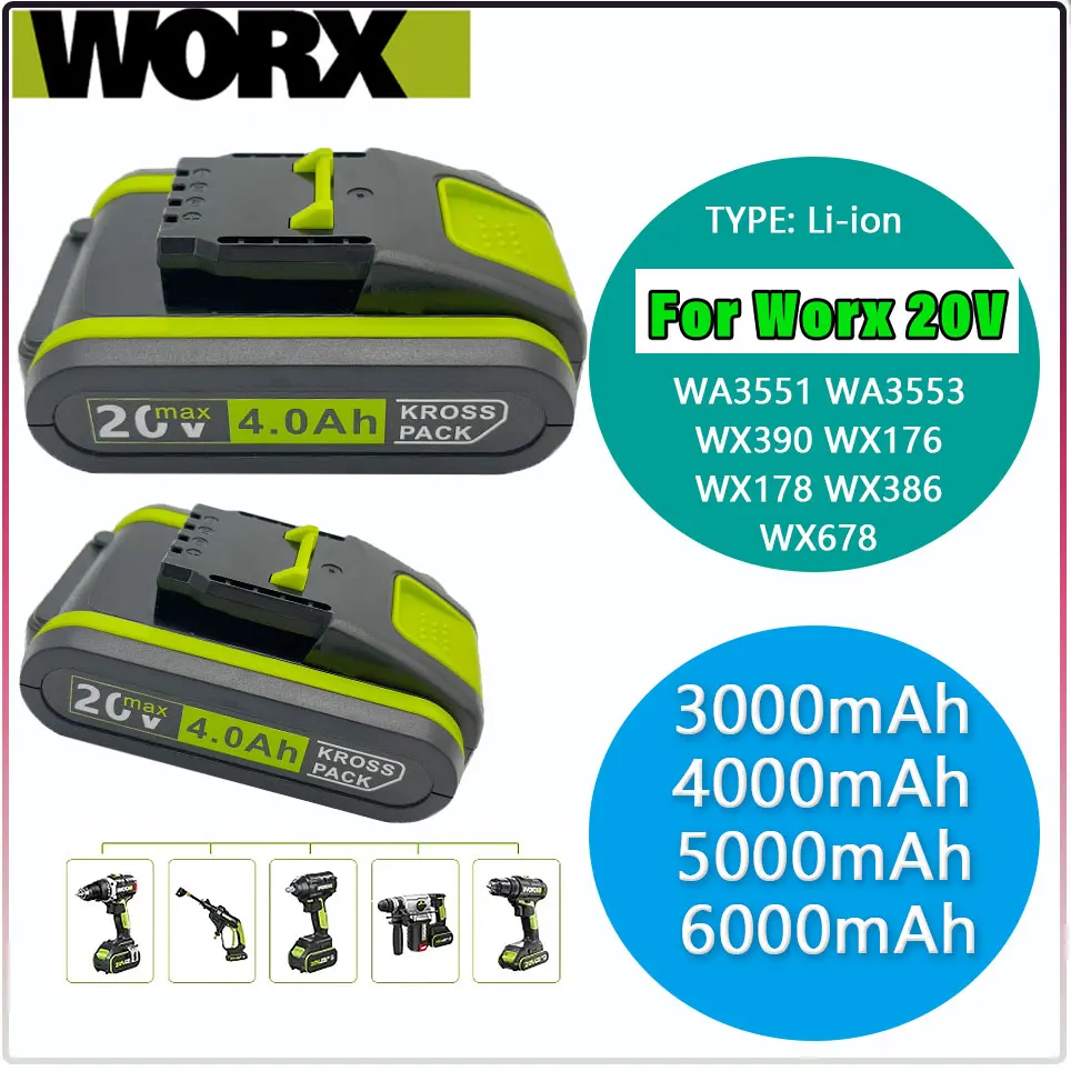 

For Worx New Power Tools Rechargeable Replacement Battery 20V 4.0Ah Lithium for Worx WA3551 WA3553 WX390 WX176 WX178 WX386 WX678