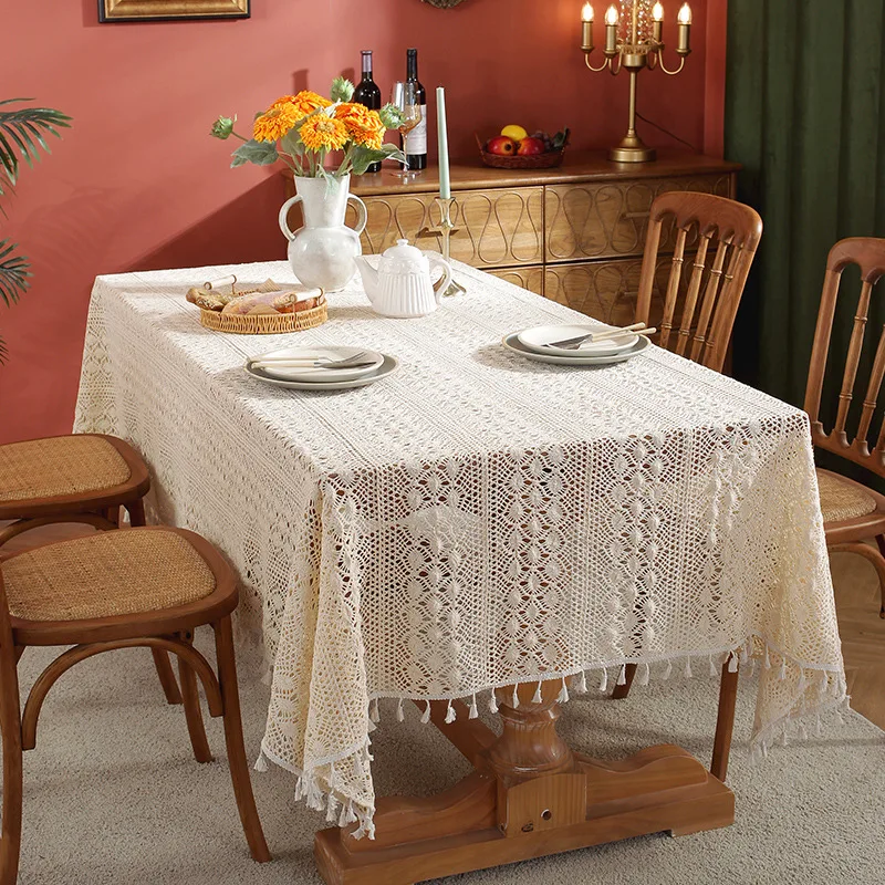 American Style Artistic Tablecloth Hollow Hook Flower Tassel Phoenix Tail Pattern Round Dining Table Cabinet Decor Tablecloth