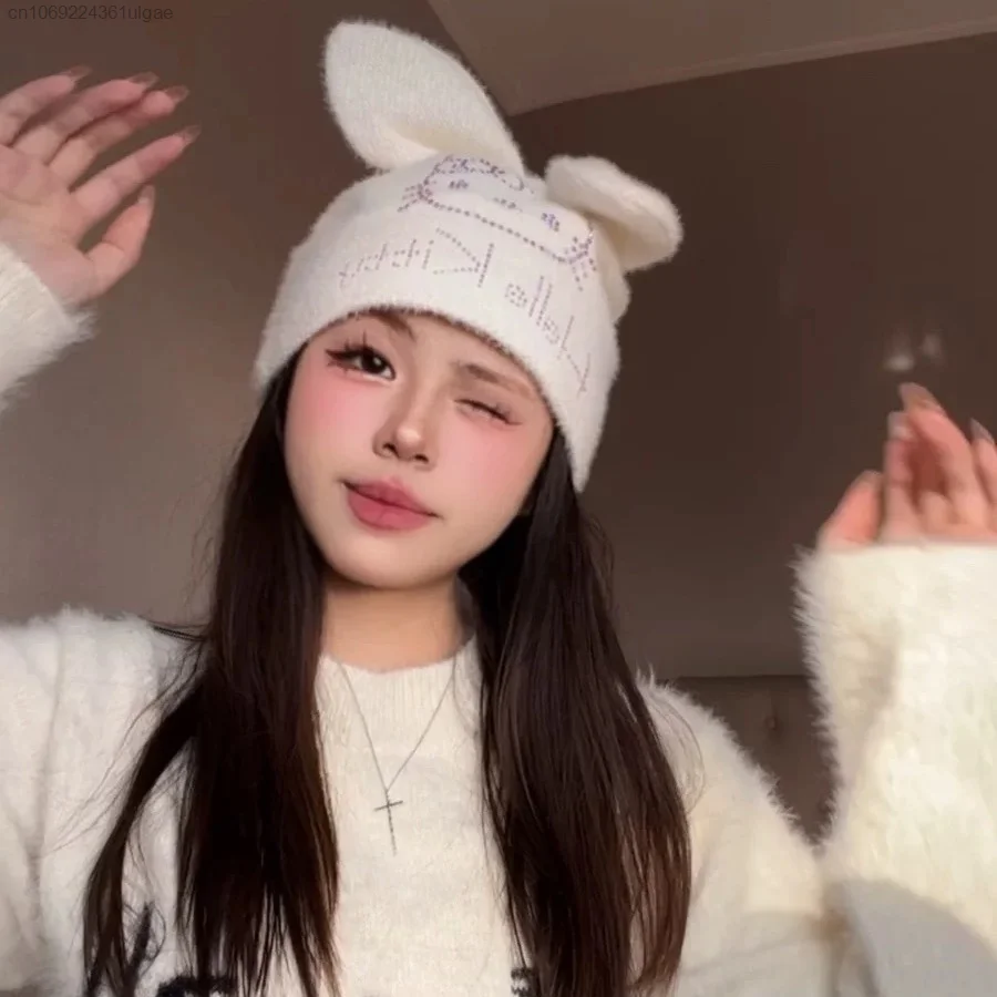 Sanrio Hello Kitty Pink Diamond Hat Women Soft Cute Fluffy Cap Rabbit Ears Design Fashion Accessories Winter Hats Y2k Headwear