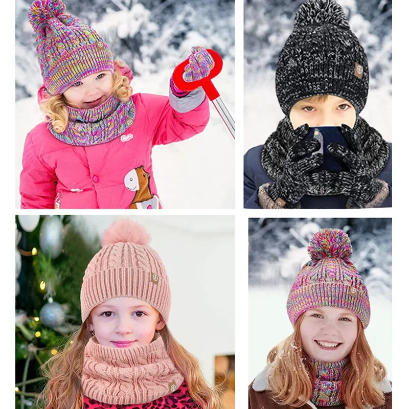 ChlorSmile-Ensemble de gants et écharpe en tricot chaud pour enfants, bonnet à pompons doublés, 3 en 1, enfants de 5 à 12 ans, hiver