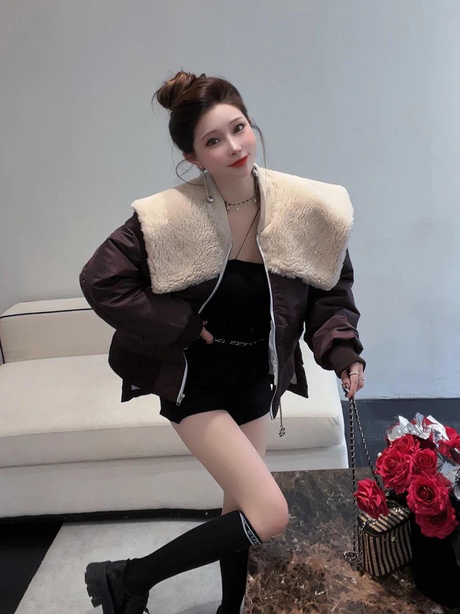 

Women's Oversize Thiened Cotton Jaet Baseball Sle Lamb Fur Winter Coat Korean Sle V-Ne Zipper Closure Long Sve