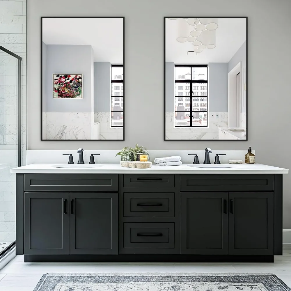 2팩 36x24인치 금속 프레임 욕실 거울, 깨지지 않는 유리, 검정색으로 가로 또는 세로로 걸 수 있음