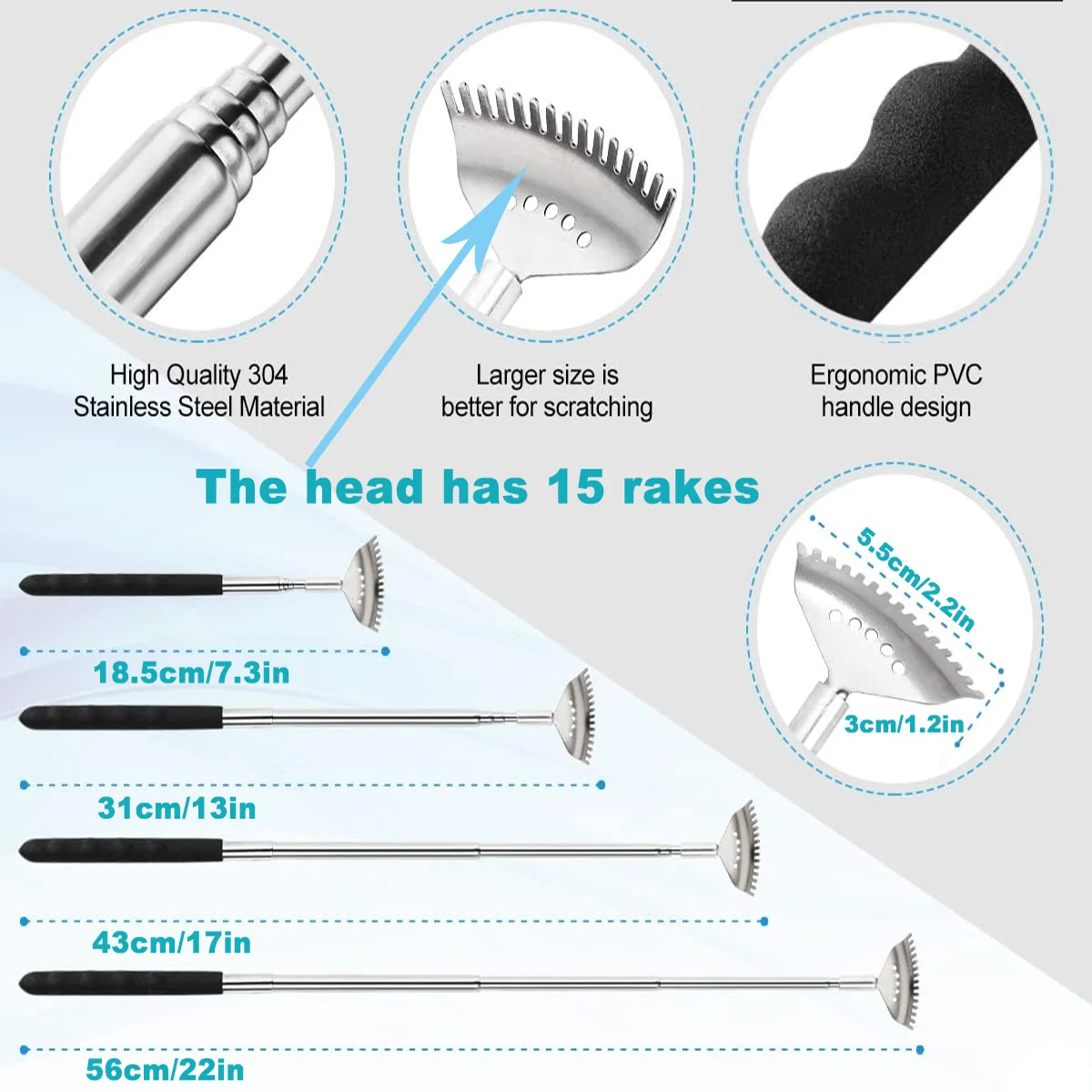 5-Section Telescopic Back Scratcher – Concave/Convex Grip, 15-Rake Stainless Steel, Portable Massager, Great Birthday & Christma