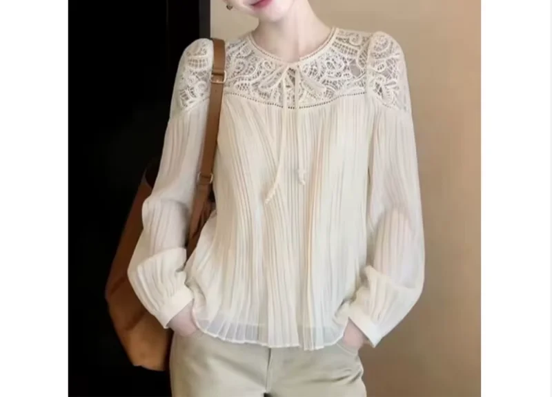 Summer Lace-embroidered Splice Chiffon Shirt For Women Elegant High-end Loose Long Sleeve Outerwear Top