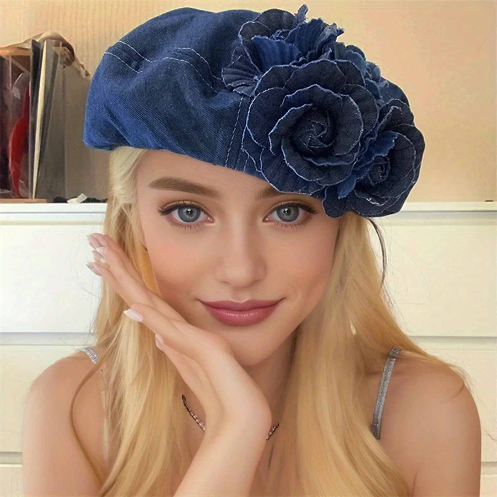 Lamuusaa y2k Sombreros de boina de mezclilla para mujer Sombreros de pintor de artista de flores de moda para vacaciones al aire libre
