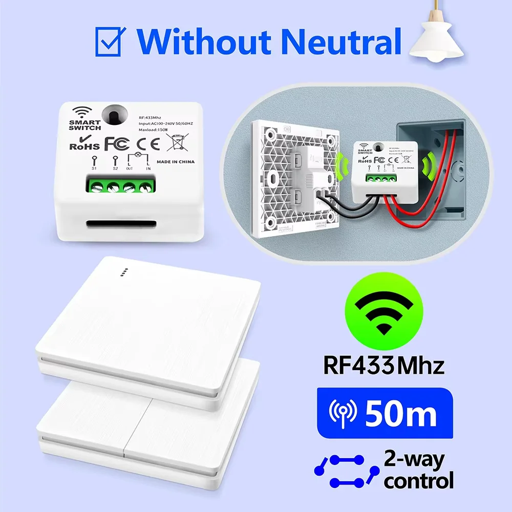 RF Wireless Smart Light Switch Without Neutral 433Mhz Relay 