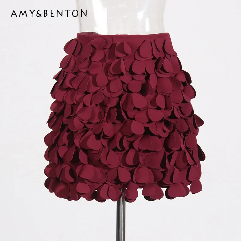 Socialite Style Solid Color High Waist Red Mini Skirt 2024 New Design Sense Splicing Disc Decorative Short A-line Skirts Women