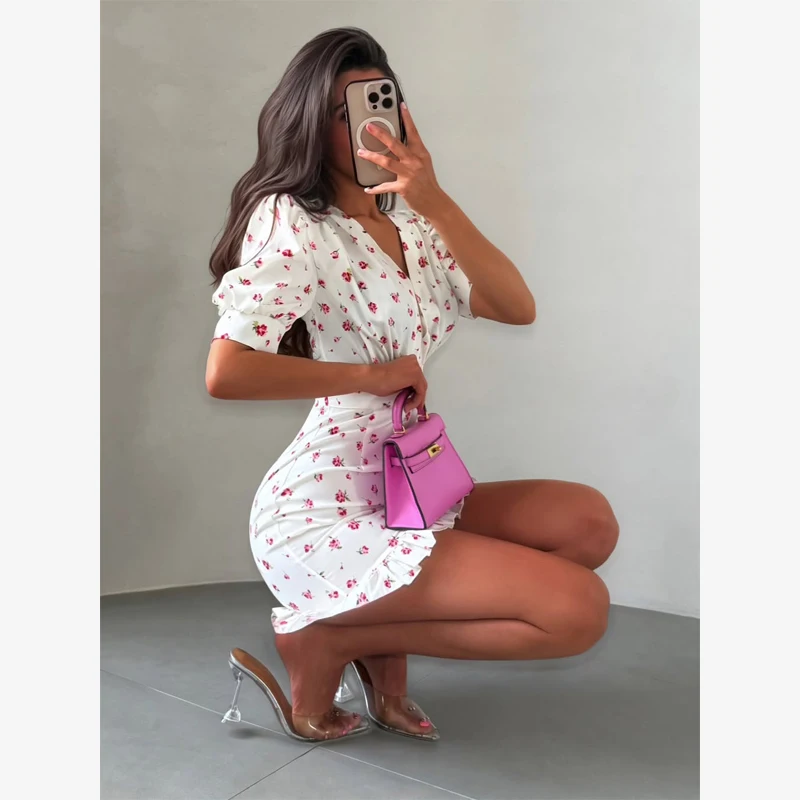 Chic Printed Slim Fit Mini Dress Women Elegant V-neck Puff Short Sleeves Waist Cinching Dresses 2026 Summer Lady Party Robes New