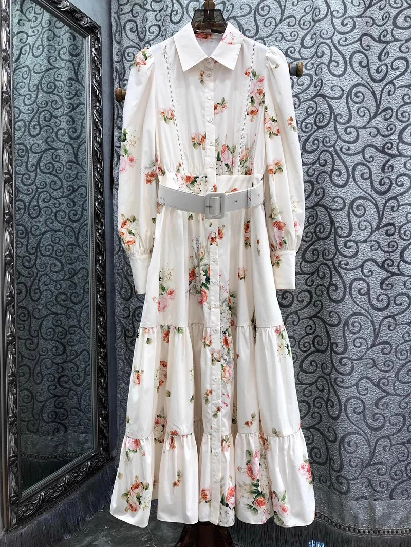 100%Cotton Long Dress 2025 Spring Women Turn-down Collar Beautiful Floral Prints Embroidery Long Sleeve Maxi Dress Black Apricot