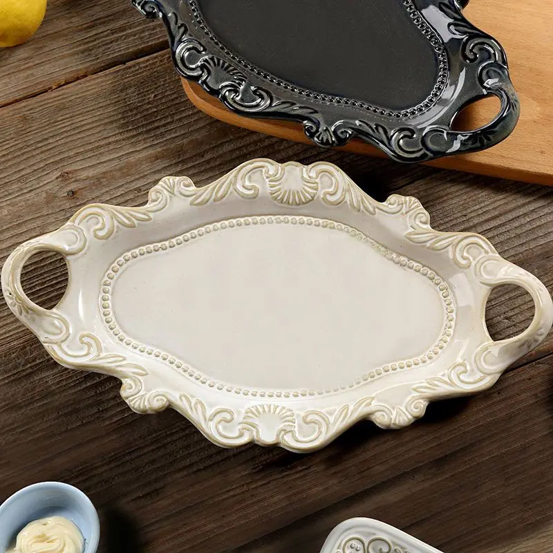 Serving Plate European Style Retro Relief Double Handle Originality Western Cuisine Household Fruit Dessert Ceramics Tableware