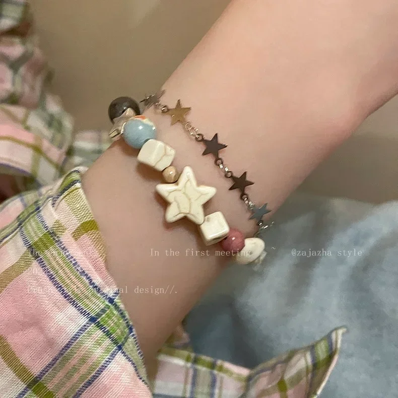 Bohemian Natural Stone Beaded Bracelet for Women Girls Handmade Star Monster Multi-layer Pendant Bracelets Bangles Wristband