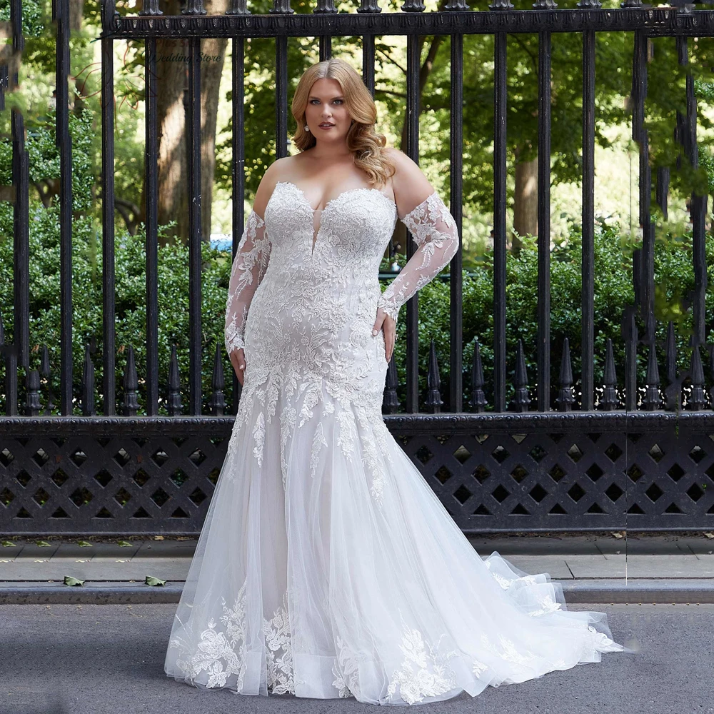 Sexy Wedding Dresses Plus Size Sweetheart Neck Long Sleeves Mermaid Bride Gowns Appliques Sweep Train Tulle Vestido De Novia