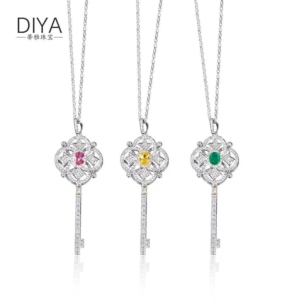 Luxury Asscher Cut Yellow Simulated Diamond Key Pendant Female Fashion High Carbon Zircon Clavicle Necklaces For Women