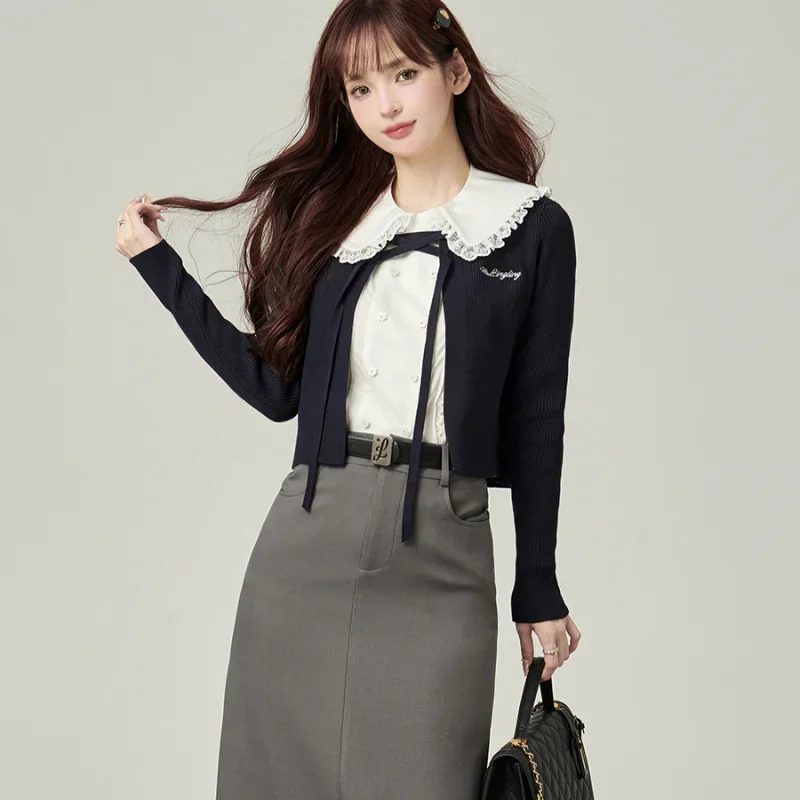 

Women Cardigan Outwear Letter Printed Crop Preppy Style All-match Tender Autumn Lace-up Knitwear Sweet Aesthetic Temper Design