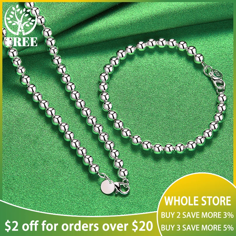 

ALITREE 2pcs 925 Sterling Silver Fashion 6mm Beads Chain Necklace Bracelet Set For Women Lady Charm Birthday Wedding Jewelry