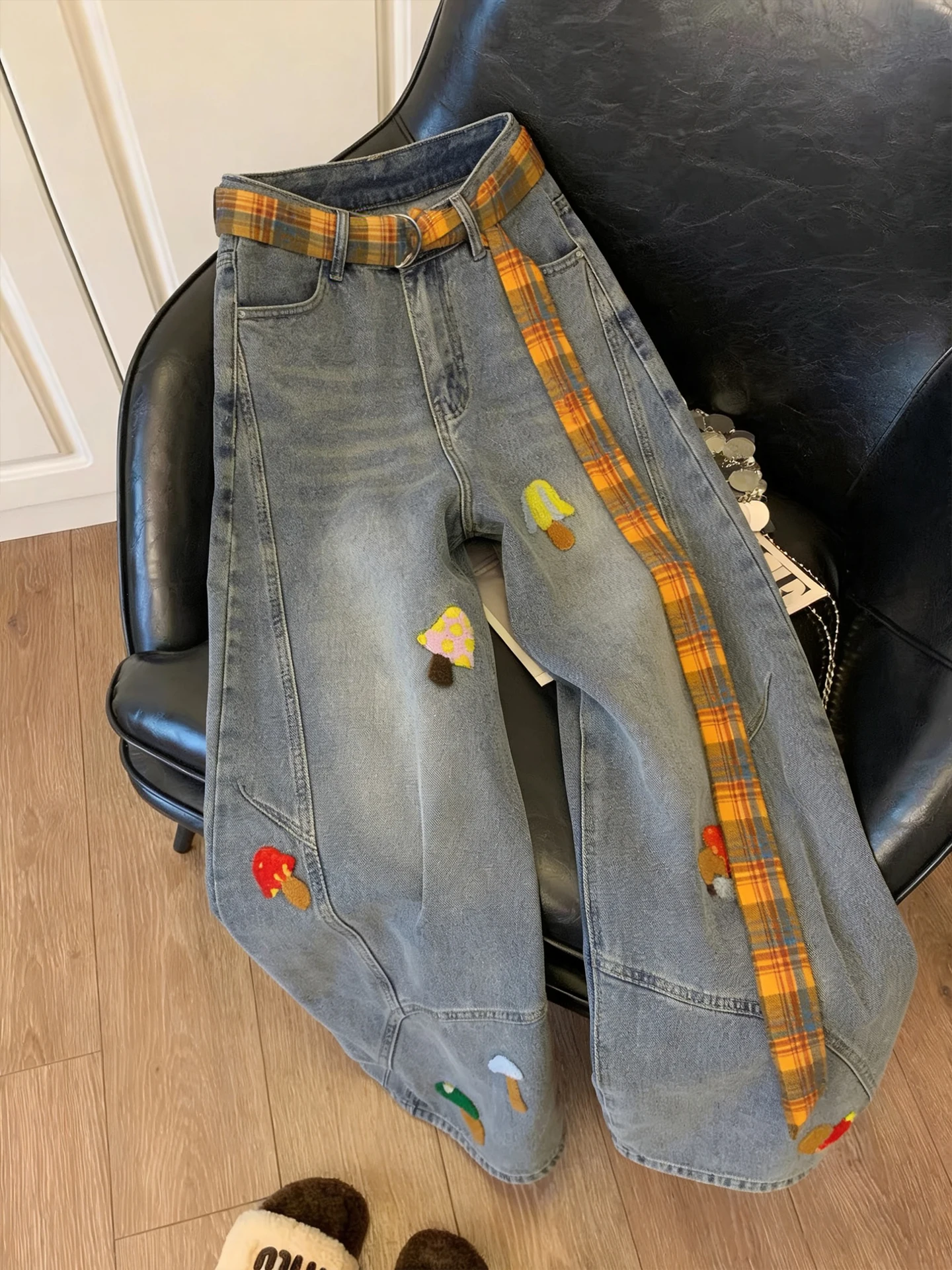 

High Waist Embroidered Heavy Du Denim Jeans Women's Loose Fit Wide Leg Pants Vintage Sle Casual Wear Winter Season