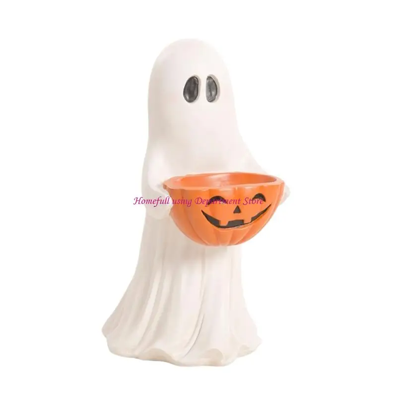 14 Inch Resin Wraiths Statue with Pumpkin Candy Bowl, Weather Resistant Halloween Figurine Freestanding Guest Visit Candy Holder