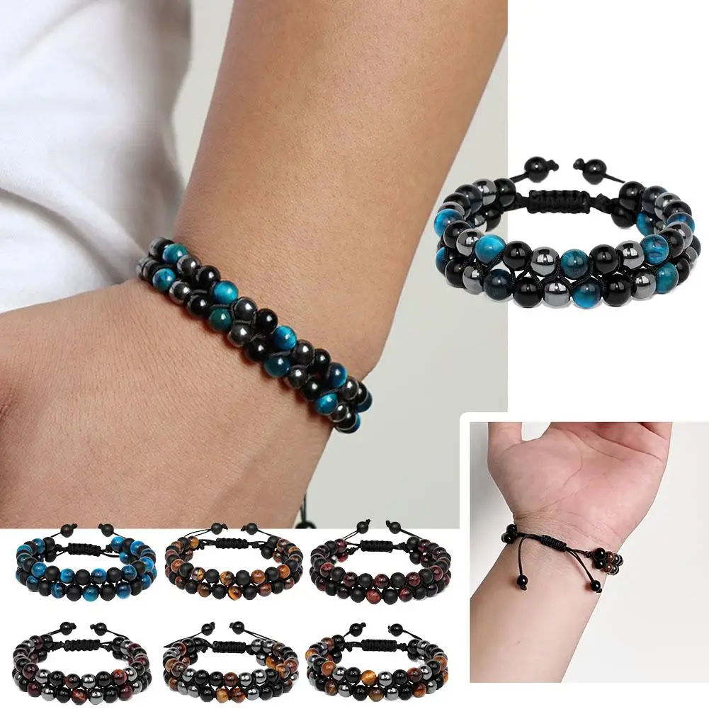 Gelang Perlindungan Tiga Baru 6Mm Manik-manik Mata Harimau Hitam Obsidian Hematit Gelang untuk Pria Wanita Gelang Pemberani Hombre S6S0