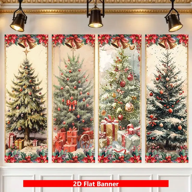 VIKAMA Wall Art for Christmas Party, 4 Pc Vertical Banner Set Tree Ornament Red Gift Box, Vintage Holiday Wall Hanging