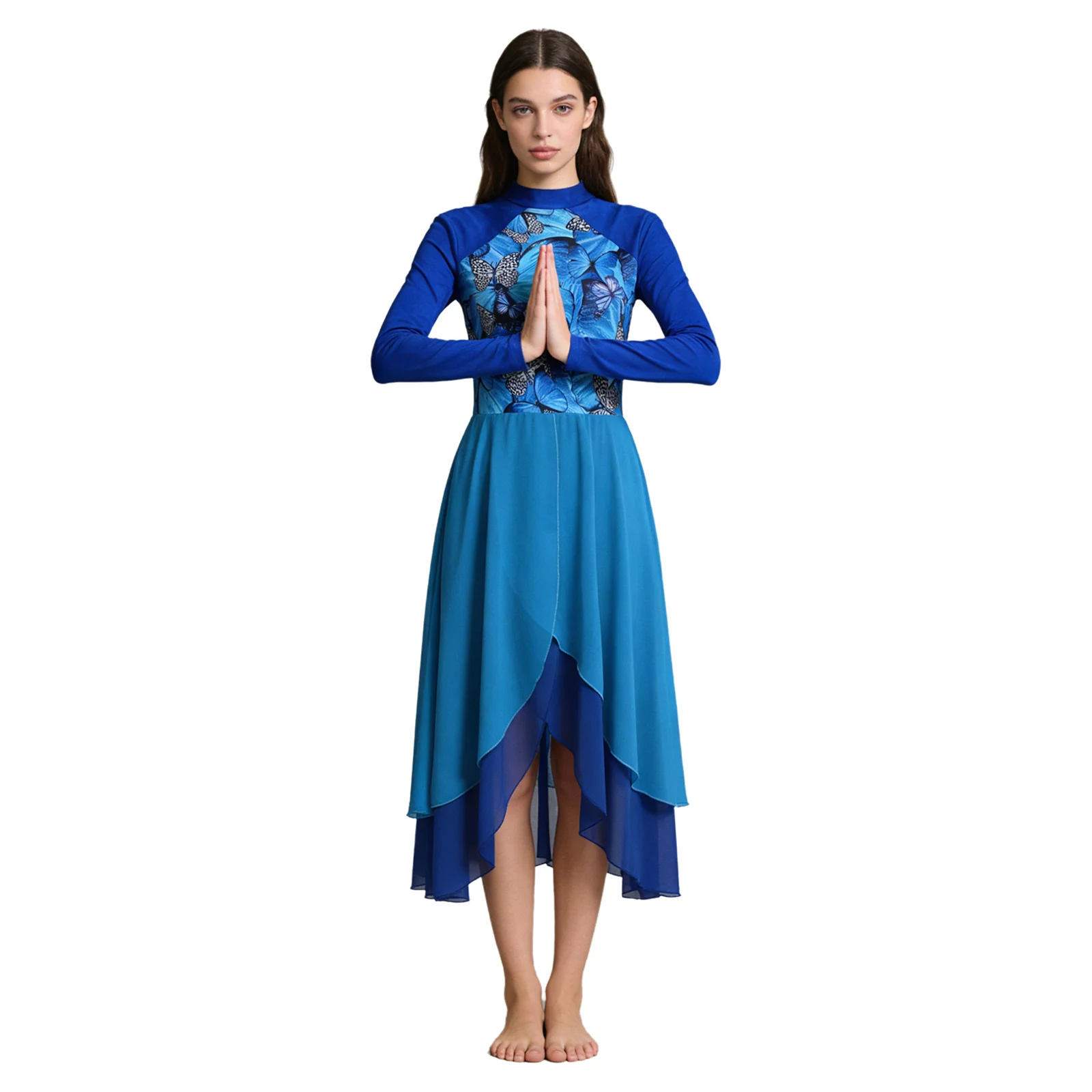 

Женское платье для лирического танца, литургического пения, хорового выступления, с длинным рукавом, принтованным узором, многоярусным шифоновым подолом, купальник-платье