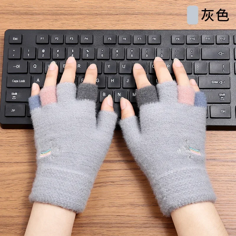 Half Finger Gloves Plush Knitted Gloves Imitation Mink Fur Cartoon Women's Plush Warm Half Finger Gloves Fashionable Warm Gloves