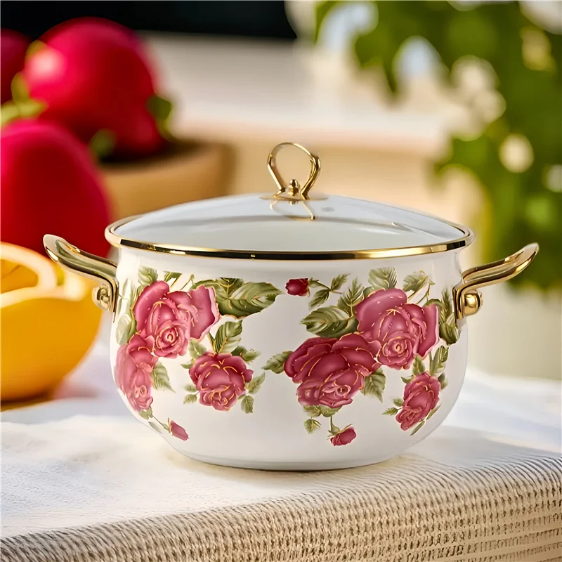 Enamel Pot Soup With Lid Red Rose Enamel Pot Double Handle Thick Household Kitchen Kitchenware Large Capacity Boutique Cookware