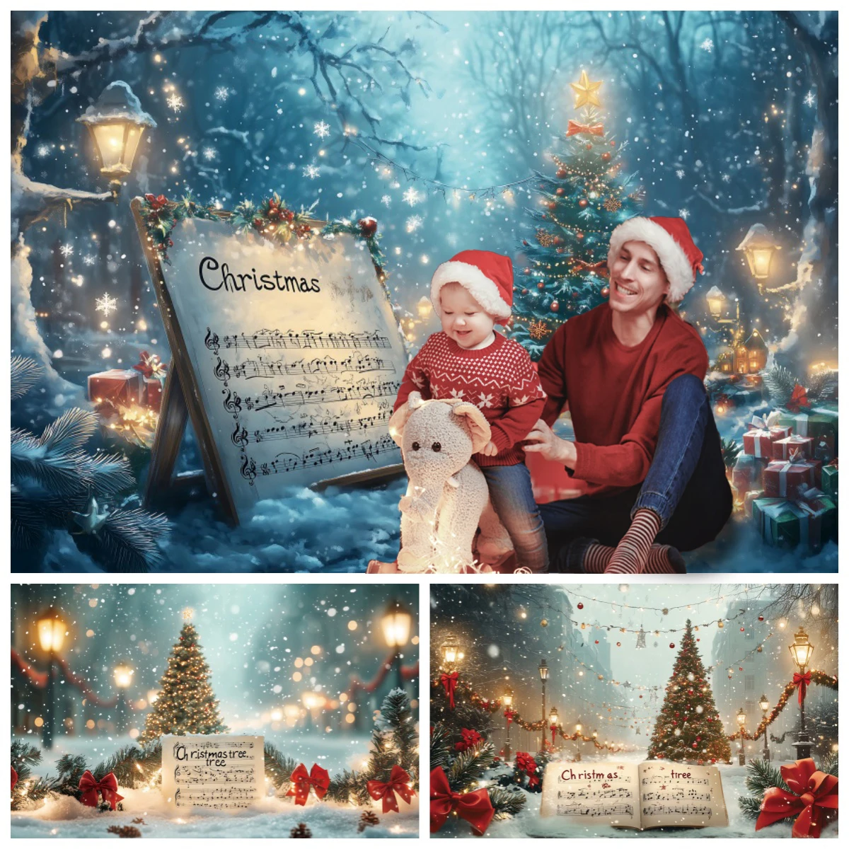 

Winter Night Backdrop Snowy Forest Christmas Tree Gifts Family Portraits Holiday Party Decor Photography Background Photo Props