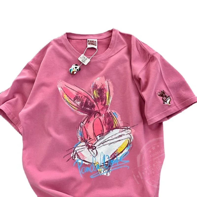 Summer Women Cartoon Rabbit Painting Leisure Half Sleeve Round Neck Girl Pullover Short Sleeve T-shirt Cute Female Tops image 6