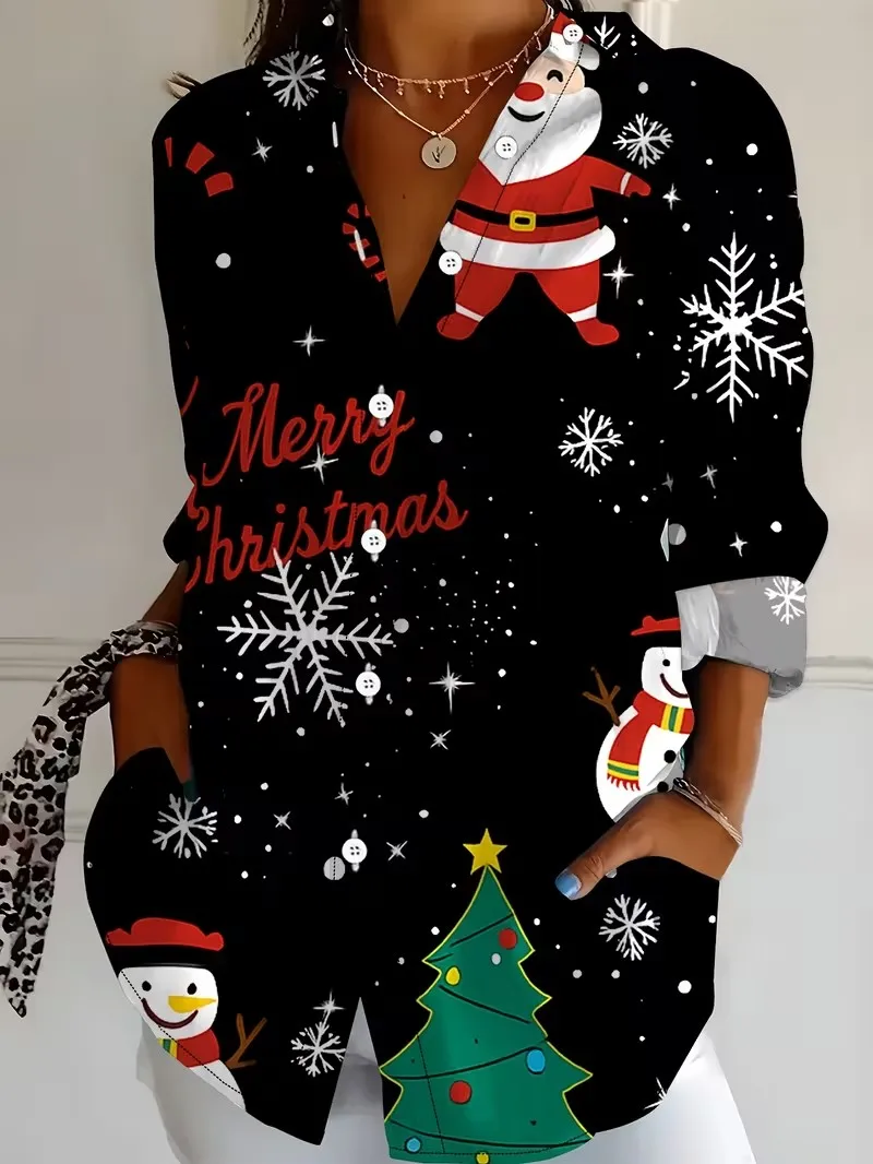 Women Long Sleeve Shirt Fashion Christmas Party Floral Printing Blouse Elegant Graphic Casual Daily Wear Spring Fall Blouse Tops