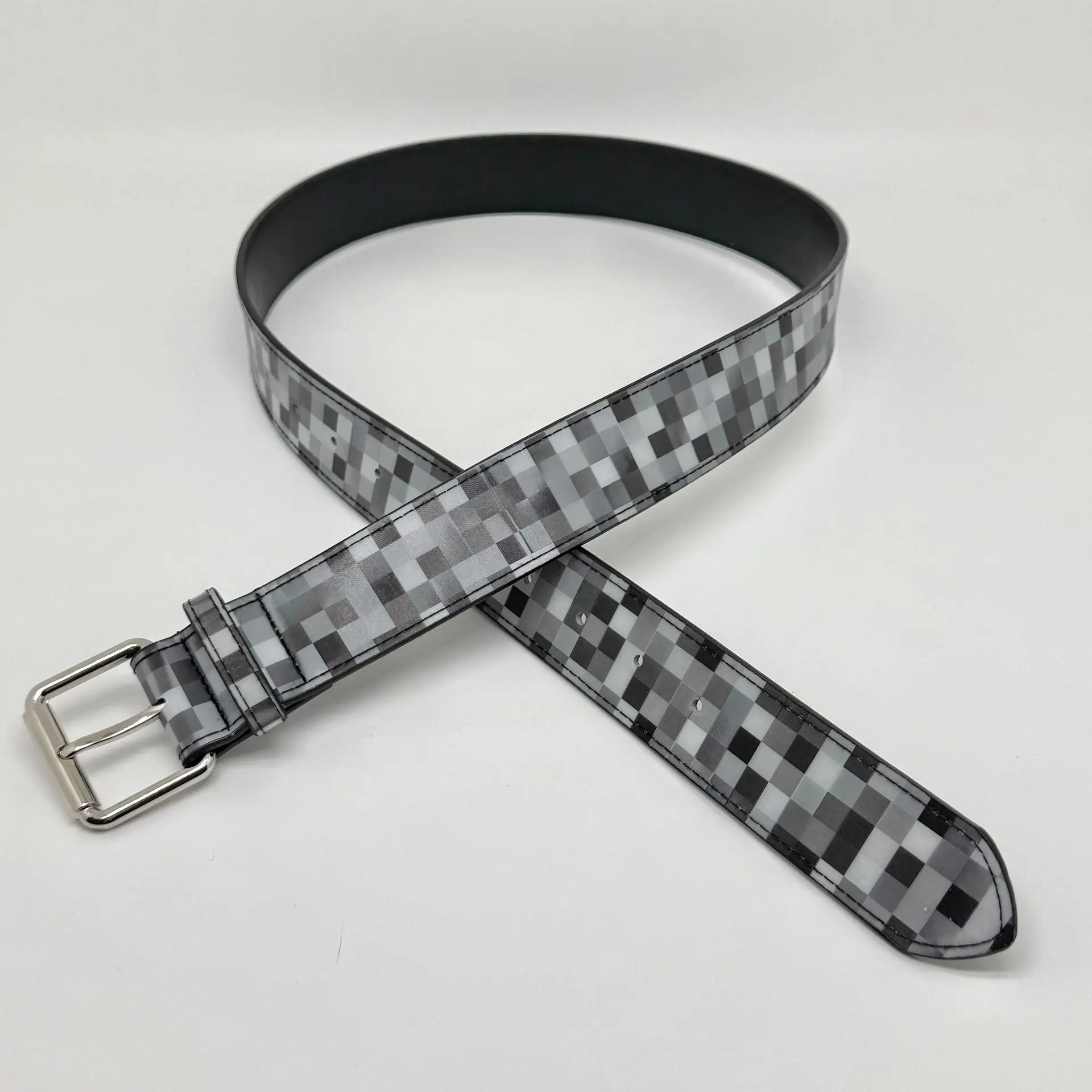 Retro Pixel Pattern Men's Belt Classic Gray Black Checkered Leather Belts for Luxury Designer High Quality Punk Rock Waist Strap