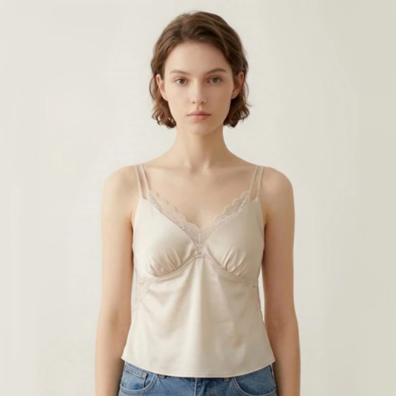 Birdsky, 1PC Women sexy camisole vest tank top lace camis wireless bra set 93% mulberry silk 7% spandex solid color, S-1115