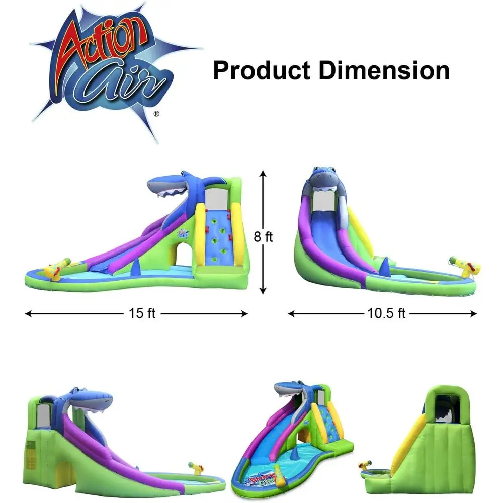 Nadmuchiwany zamek dmuchany w kształcie rekina z zjeżdżalnią, plac zabaw na sucho i na mokro, wytrzymały materiał, rozpylacz wody i basen dla dzieci