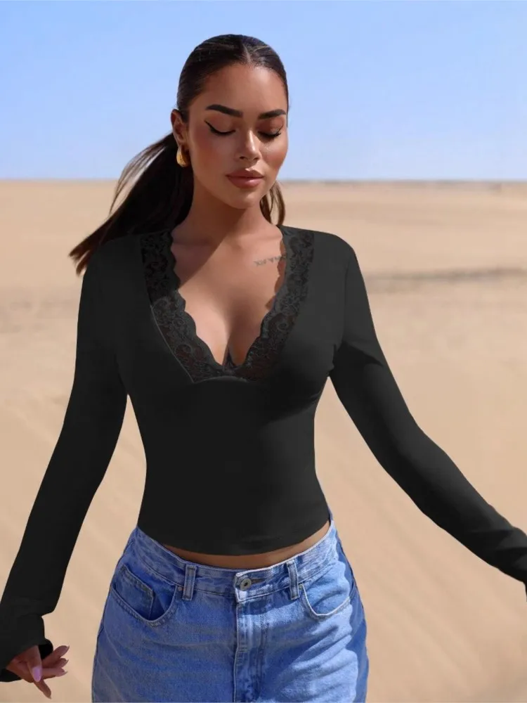 

Women's Clothing V-neck Spliced Lace Sexy Hot Girl Long-sleeved Slim Body All-match Simple Style Temperament Commuting Trendy