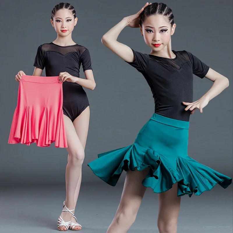 Kids Short Sleeve Latin Rumba Dance Skirt Girls Modern Ballroom Party Stage Performance Competition School Practice Costumes